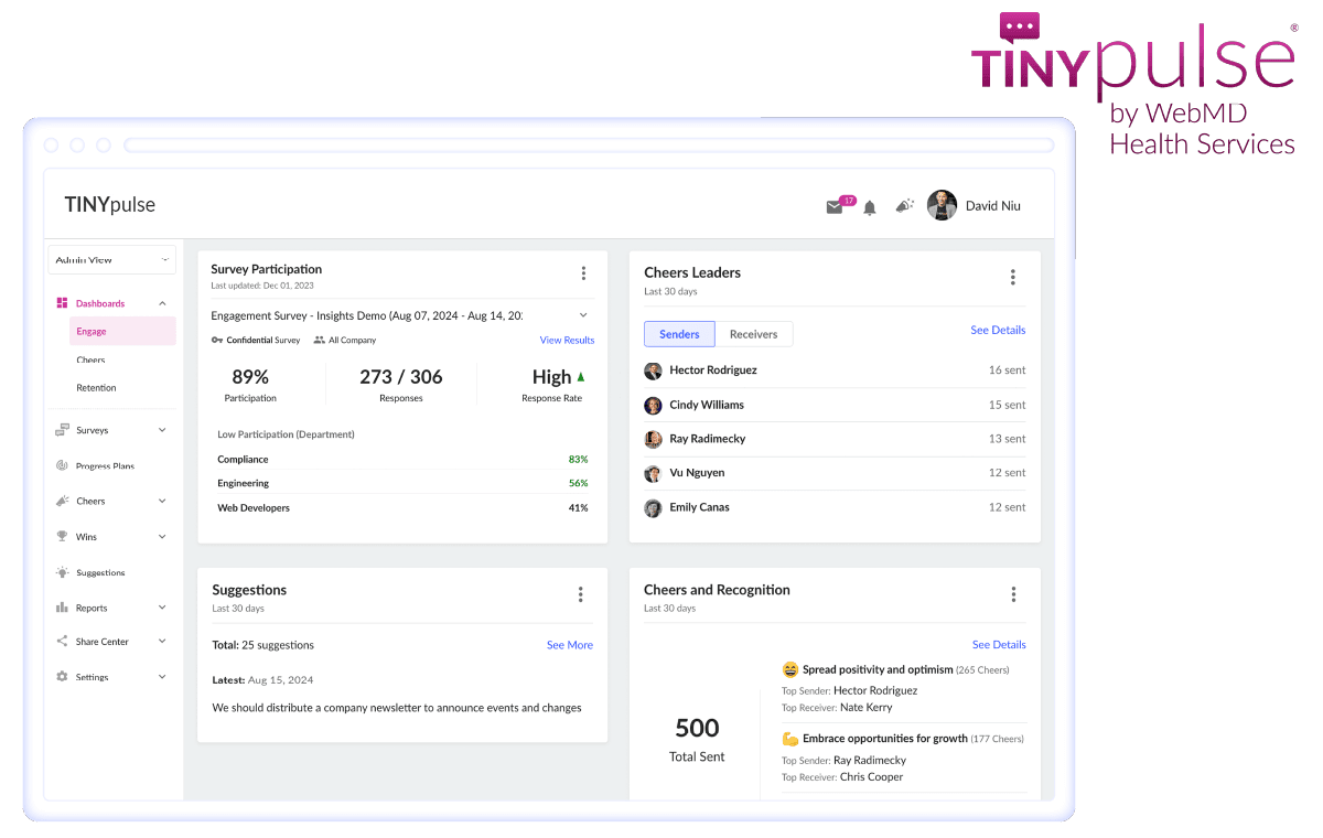 TINYpulse employee engagement and feedback solution in a desktop view.