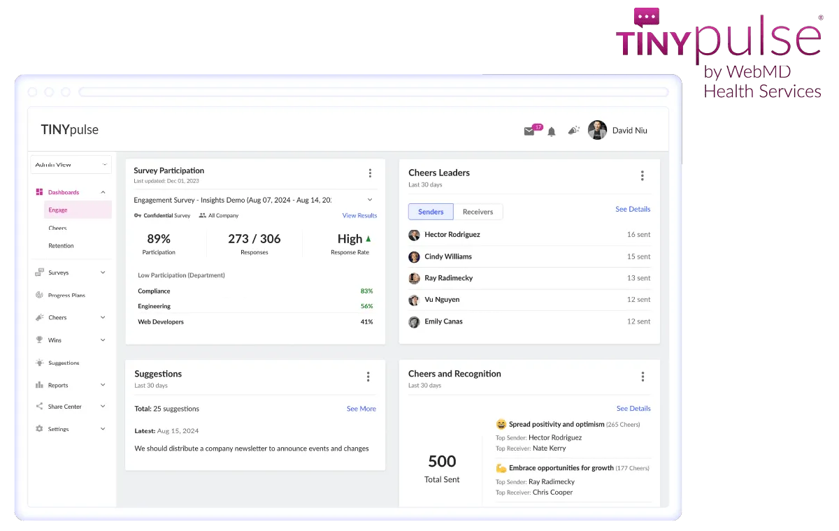 TINYpulse employee engagement and feedback solution in a desktop view.
