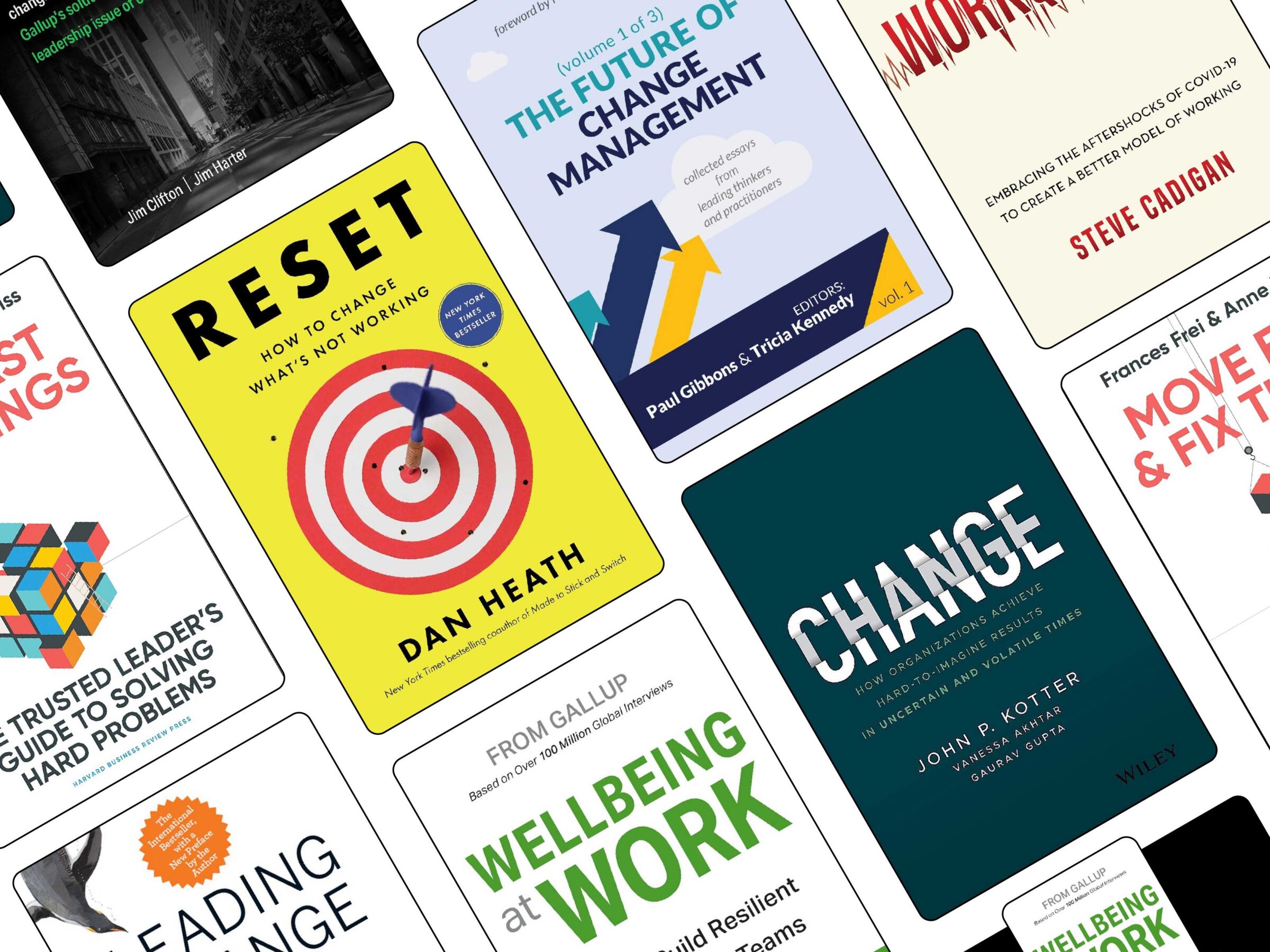 book covers covering topics on how to manage change at work during turbulent times