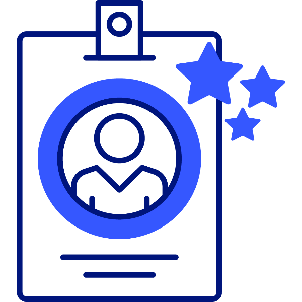 icon of a clipboard with a circle around an employee with stars