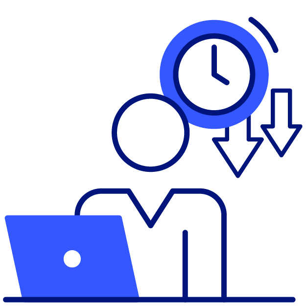 icon with an employee looking at a laptop and a clock behind him with arrows pointing down