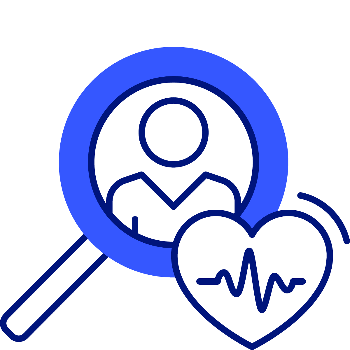 icon of a magnifying glass with a person inside of it and a heart with a heart beat inside it