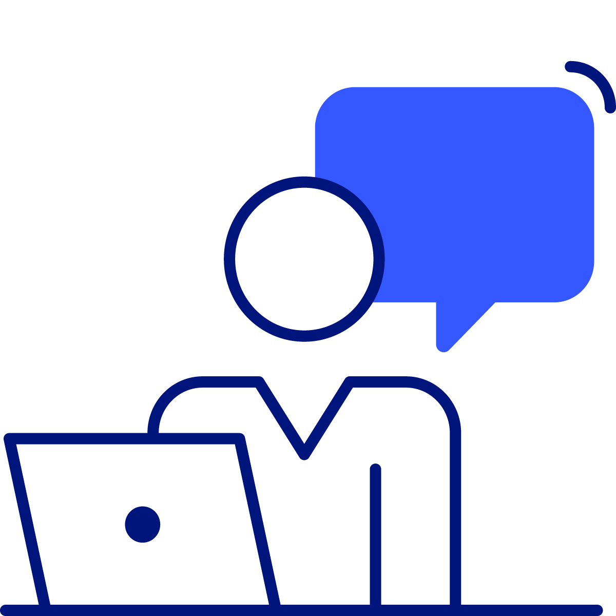 employee icon viewing a laptop with a thought bubble behind them