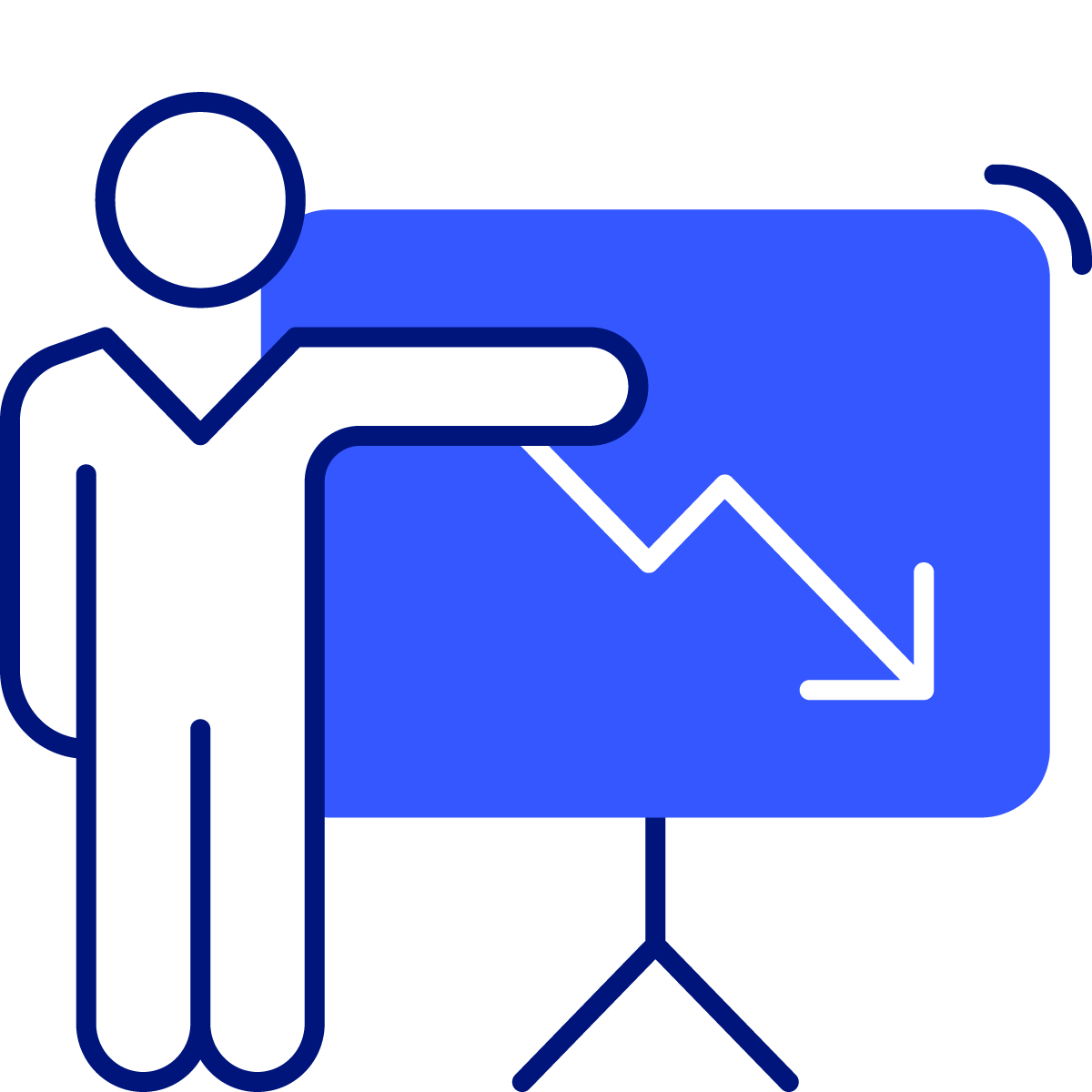 icon of a person standing next to a presentation with a declining trend arrow