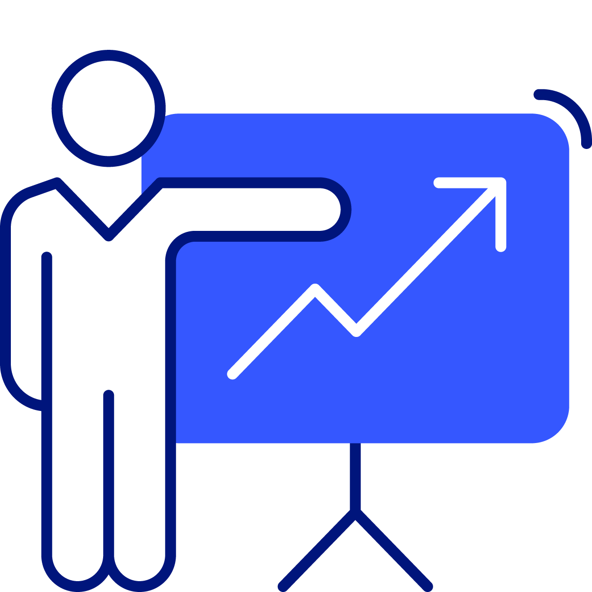 icon of a person standing next to a chart with an upward trend arrow